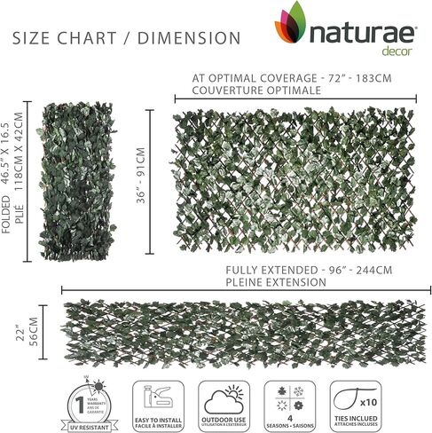 Naturae Decor تعريشة الصفصاف القابلة للتوسيع - شاشة خصوصية خارجية - قوية ومرنة - مظهر واقعي - 36 بوصة × 72 بوصة - أوراق اللبلاب in Kuwait