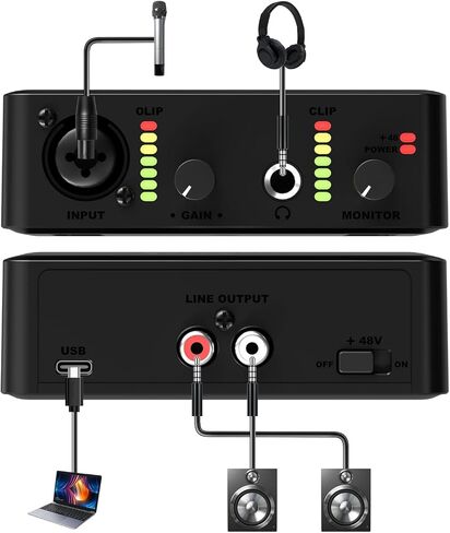 واجهة صوت USB مع مقبس XLR و1/4 بوصة (6.35 مم) + طاقة فانتوم 48 فولت لتسجيل ملفات البث الصوتي وإنتاج الموسيقى وأي جهاز آخر للمراقبة في الوقت الفعلي. in Kuwait
