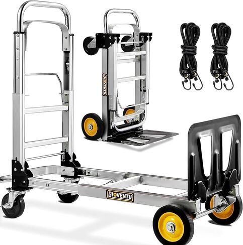 Upgrated Convertible 3-in-1 Hand Truck Dolly Folding 440 lbs Capacity, Aluminium Dolly Cart Portable with Rubber Brake-Wheels, Anti-Slip Strip and 2 Elastic Ropes for Moving in Kuwait