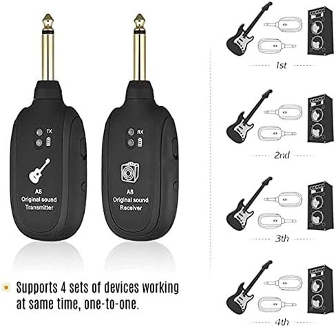 Wireless Guitar System, Wireless Guitar Transmitter and Receiver, 3.7V 600mAh 20Hz-20kHz UHF Built-in Rechargeable Support 4 Channels Transmitter Receiver with Plug for Electric Guitar Bass Organ in Saudi Arabia