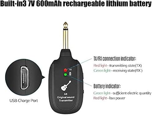 Wireless Guitar System, Wireless Guitar Transmitter and Receiver, 3.7V 600mAh 20Hz-20kHz UHF Built-in Rechargeable Support 4 Channels Transmitter Receiver with Plug for Electric Guitar Bass Organ in Saudi Arabia