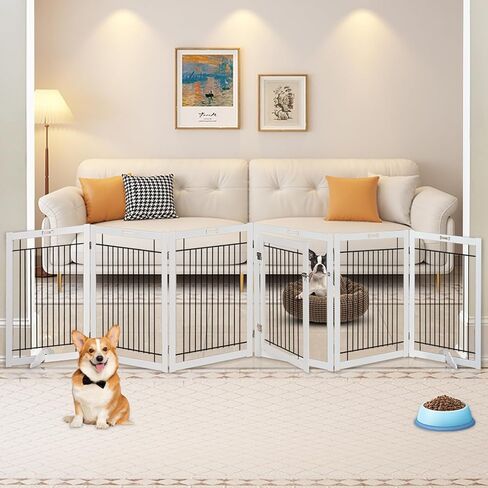 بوابات للكلاب قائمة بذاتها من Litaill في الداخل - بوابة كلب قابلة للطي للمنزل، المدخل، السلالم، بوابة كلب بطول 144 بوصة عريضة للغاية وطول 32 بوصة مع باب يمشي من خلاله، سياج أمان لجرو الحيوانات الأليفة (6 لوحات) in Kuwait