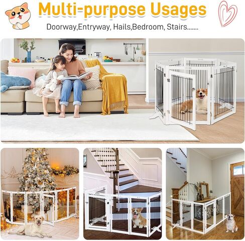 بوابات للكلاب قائمة بذاتها من Litaill في الداخل - بوابة كلب قابلة للطي للمنزل، المدخل، السلالم، بوابة كلب بطول 144 بوصة عريضة للغاية وطول 32 بوصة مع باب يمشي من خلاله، سياج أمان لجرو الحيوانات الأليفة (6 لوحات) in Kuwait