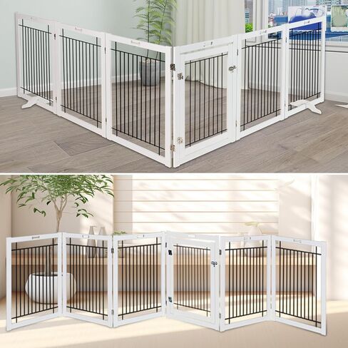 بوابات للكلاب قائمة بذاتها من Litaill في الداخل - بوابة كلب قابلة للطي للمنزل، المدخل، السلالم، بوابة كلب بطول 144 بوصة عريضة للغاية وطول 32 بوصة مع باب يمشي من خلاله، سياج أمان لجرو الحيوانات الأليفة (6 لوحات) in Kuwait