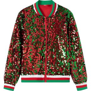 الفتيات الترتر بومبر سترة بريق بريق خارج الأكمام السوستة جاكيتات طويلة الأكمام 5-12T in Kuwait