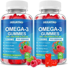 علكات نباتية أوميغا 3 1028 ملغ، بديل زيت السمك أوميغا 3 للبالغين مع EPA 400 ملغ وDHA 600 ملغ وفيتامين A وC وE لصحة الدماغ والعين والمناعة، خالي من السكر، نكهة التوت، 60 قطعة in Kuwait