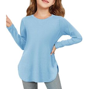 Girls Long Sleeve Shirts Kids Crewneck Curved Hem Tunic Tops Plain Fall T Shirt in Kuwait