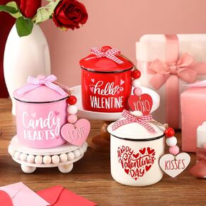 nitial 3 قطع عيد الحب علبة متدرجة الديكور علبة السيراميك عيد الحب وعاء حامل الحلوى مع الجاموس منقوشة Bowknot جرة ديكور ديكور لطاولة المزرعة المنزل in Kuwait