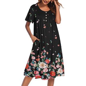 Ekouaer Nightgowns for Women Button Down Sleepwear Short Sleeve Sleepshirts Navy Blue in Kuwait