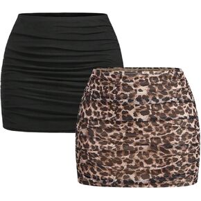 WDIRARA Women's 2 Pack Leopard Ruched Mini Skirt Low Rise Stretchy Bodycon Skirts in Saudi Arabia