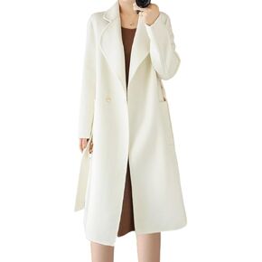 Womens Long Wool Coat Notched Lapel Trench Coat Belted Windproof Lightweight Outerwear Winter Warm Overcoat in Saudi Arabia