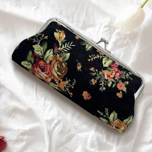 Coin Purse, Canvas Coin Pouch for Women, Kiss Lock Change Pouch Wallet with Rose Pattern for Shopping, Dating, Travel, Work(Black) in Saudi Arabia