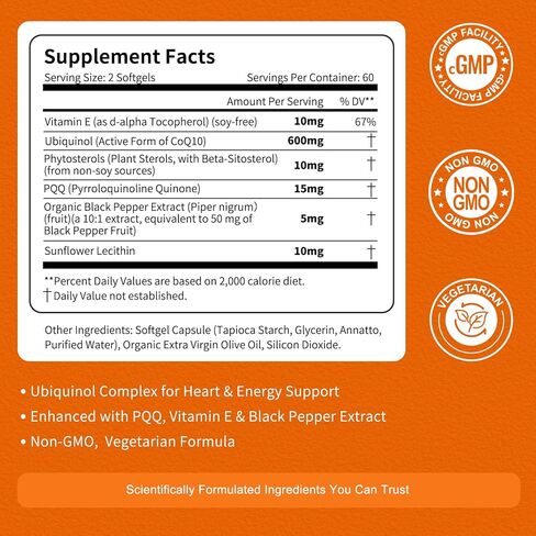 كبسولات هلامية CoQ10 600 مجم - مكمل Ubiquinol Coq 10 عالي الامتصاص للإنزيم المساعد Q10 وCoQ-10 لدعم الطاقة والقلب ومضادات الأكسدة، 120 قطعة in Kuwait