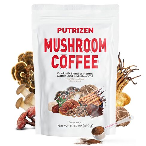 PUTRIZEN Mushroom Coffee with 6 Adaptogenic Mushrooms & MCT Oil - Instant Mushroom Coffee Powder with 3000mg of Mushrooms for Focus, Energy, Digestion, Gut Health, Immunity & Sleep – 30 Servings in Saudi Arabia