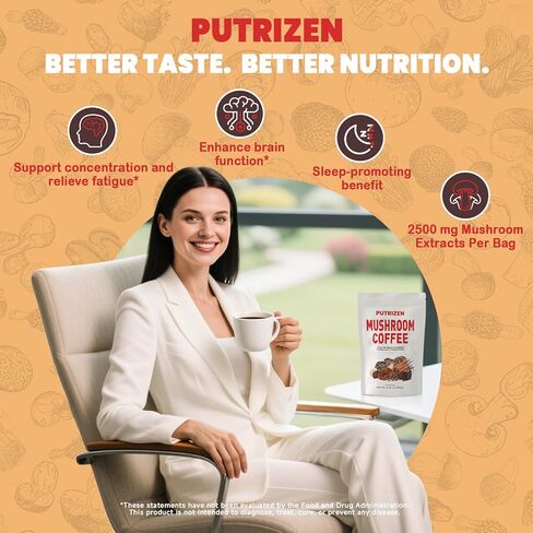 PUTRIZEN Mushroom Coffee with 6 Adaptogenic Mushrooms & MCT Oil - Instant Mushroom Coffee Powder with 3000mg of Mushrooms for Focus, Energy, Digestion, Gut Health, Immunity & Sleep – 30 Servings in Saudi Arabia