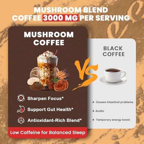 PUTRIZEN Mushroom Coffee with 6 Adaptogenic Mushrooms & MCT Oil - Instant Mushroom Coffee Powder with 3000mg of Mushrooms for Focus, Energy, Digestion, Gut Health, Immunity & Sleep – 30 Servings in Saudi Arabia