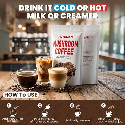 PUTRIZEN Mushroom Coffee with 6 Adaptogenic Mushrooms & MCT Oil - Instant Mushroom Coffee Powder with 3000mg of Mushrooms for Focus, Energy, Digestion, Gut Health, Immunity & Sleep – 30 Servings in Saudi Arabia