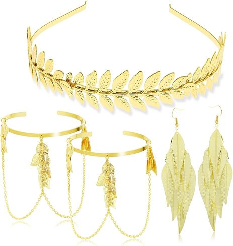 RechicGu 4 Pieces Grecian Goddess Leaf Laurel Costume Accessories Set Roman Toga Party Headband Upper Arm cuff Bracelet Band Earrings Jewelry Women Golden in Saudi Arabia