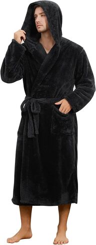Mens Fleece Hooded Robe, Plush Robes Cozy for Men, Soft Warm Bathrobe Shower Spa Long Robe With Pockets in Kuwait