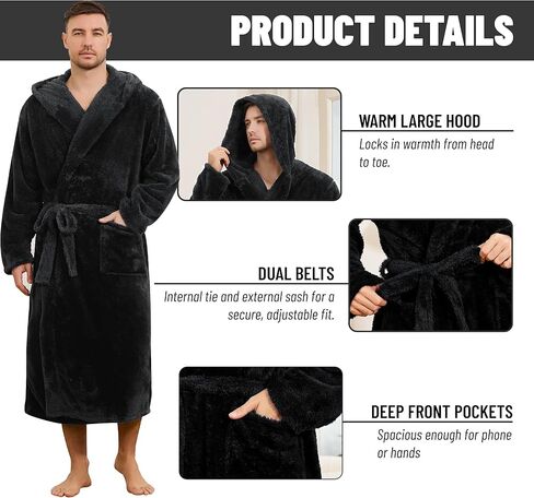 Mens Fleece Hooded Robe, Plush Robes Cozy for Men, Soft Warm Bathrobe Shower Spa Long Robe With Pockets in Kuwait