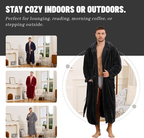 Mens Fleece Hooded Robe, Plush Robes Cozy for Men, Soft Warm Bathrobe Shower Spa Long Robe With Pockets in Kuwait