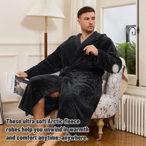 Mens Fleece Hooded Robe, Plush Robes Cozy for Men, Soft Warm Bathrobe Shower Spa Long Robe With Pockets in Kuwait