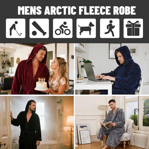 Mens Fleece Hooded Robe, Plush Robes Cozy for Men, Soft Warm Bathrobe Shower Spa Long Robe With Pockets in Kuwait