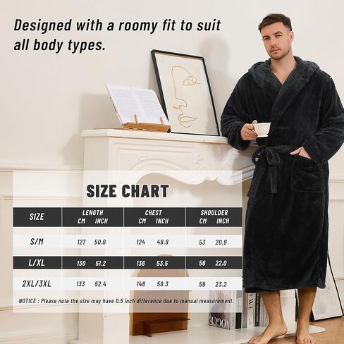 Mens Fleece Hooded Robe, Plush Robes Cozy for Men, Soft Warm Bathrobe Shower Spa Long Robe With Pockets in Kuwait