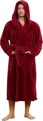 Mens Fleece Hooded Robe, Plush Robes Cozy for Men, Soft Warm Bathrobe Shower Spa Long Robe With Pockets in Kuwait