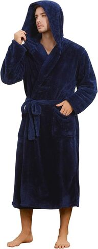 Mens Fleece Hooded Robe, Plush Robes Cozy for Men, Soft Warm Bathrobe Shower Spa Long Robe With Pockets in Kuwait