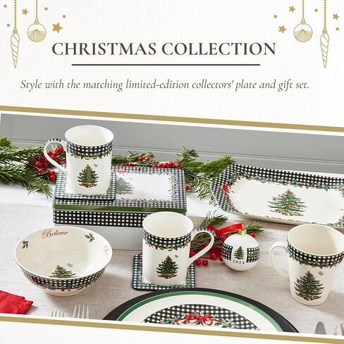 وعاء Spode Christmas Tree Revere - مظهر خارجي مربعات ولمسات هولي، طبق حلوى احتفالي أو وعاء للوجبات الخفيفة مع مشاعر بالداخل، بورسلين مقاس 6 بوصات - آمن للاستخدام في غسالة الأطباق والميكروويف، رائع للهدايا والحفلات in Kuwait