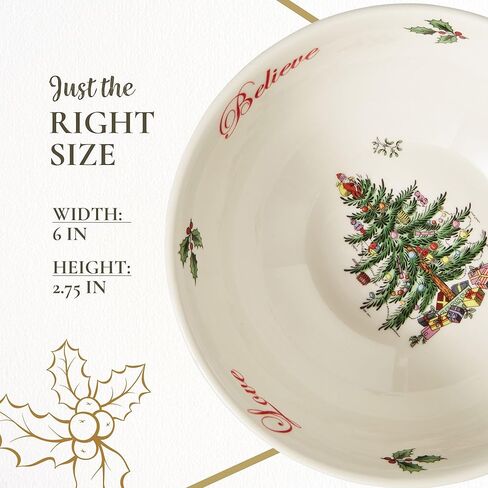 وعاء Spode Christmas Tree Revere - مظهر خارجي مربعات ولمسات هولي، طبق حلوى احتفالي أو وعاء للوجبات الخفيفة مع مشاعر بالداخل، بورسلين مقاس 6 بوصات - آمن للاستخدام في غسالة الأطباق والميكروويف، رائع للهدايا والحفلات in Kuwait