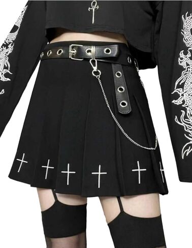 AULKEEP Womens Black Mini Pleated Skirts Goth High Waist A Line Punk Skirt School Uniform Short Skirts with Belt in Kuwait