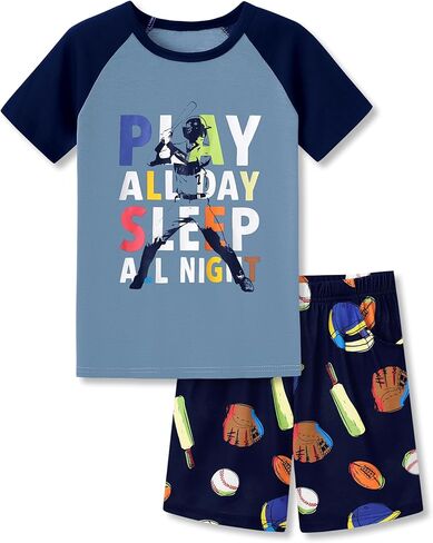 Tebbis Pajamas for Boys Fun Baseball Navy Blue Shorts Sists 2 قطعة PJS مجموعة Kid Comfy Sleepwear Size 6-18 in Kuwait