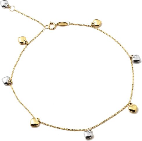 LoveBling 10K Yellow Gold .5mm Rolo Chain with Two Toned Puffy Heart Charms Anklet (#47) in Saudi Arabia