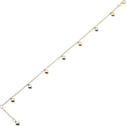 LoveBling 10K Yellow Gold .5mm Rolo Chain with Two Toned Puffy Heart Charms Anklet (#47) in Saudi Arabia
