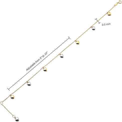 LoveBling 10K Yellow Gold .5mm Rolo Chain with Two Toned Puffy Heart Charms Anklet (#47) in Saudi Arabia