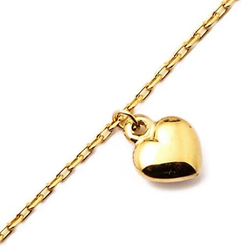 LoveBling 10K Yellow Gold .5mm Rolo Chain with Two Toned Puffy Heart Charms Anklet (#47) in Saudi Arabia