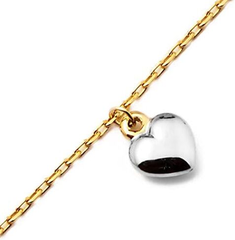 LoveBling 10K Yellow Gold .5mm Rolo Chain with Two Toned Puffy Heart Charms Anklet (#47) in Saudi Arabia