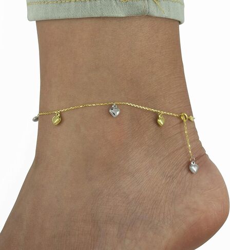 LoveBling 10K Yellow Gold .5mm Rolo Chain with Two Toned Puffy Heart Charms Anklet (#47) in Saudi Arabia
