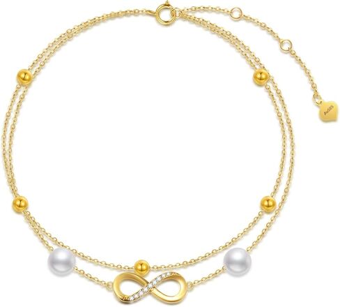 SISGEM 14k Solid Gold infinity Anklets for Women, White Gold Infinity Double Chain Ankle Bracelet with Freshwater Cultured Pearl Jewelry Gift for Her, Mom Wife 8"-10" in Saudi Arabia