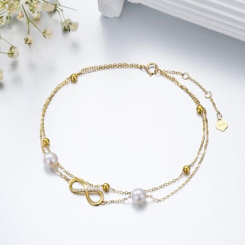 SISGEM 14k Solid Gold infinity Anklets for Women, White Gold Infinity Double Chain Ankle Bracelet with Freshwater Cultured Pearl Jewelry Gift for Her, Mom Wife 8"-10" in Saudi Arabia