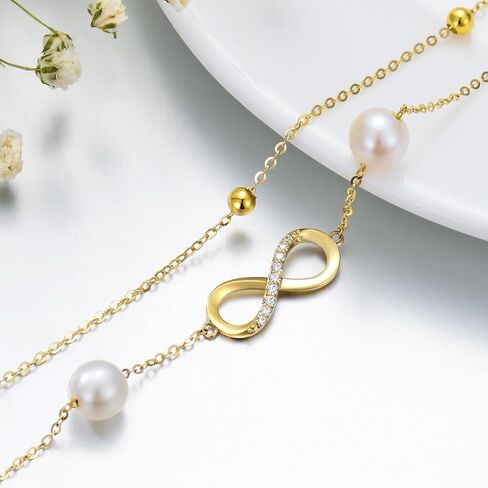 SISGEM 14k Solid Gold infinity Anklets for Women, White Gold Infinity Double Chain Ankle Bracelet with Freshwater Cultured Pearl Jewelry Gift for Her, Mom Wife 8"-10" in Saudi Arabia