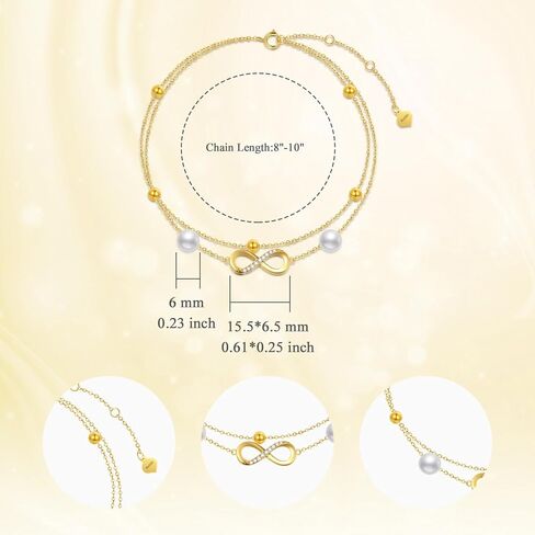 SISGEM 14k Solid Gold infinity Anklets for Women, White Gold Infinity Double Chain Ankle Bracelet with Freshwater Cultured Pearl Jewelry Gift for Her, Mom Wife 8"-10" in Saudi Arabia