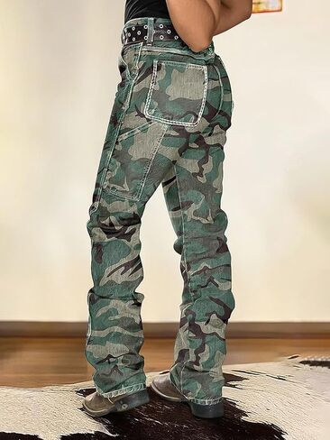 Flamingals Camo Cargo Pants for Women Mid Rise Camouflage Trousers Stretchy Bootcut Pants Without Belt in Saudi Arabia
