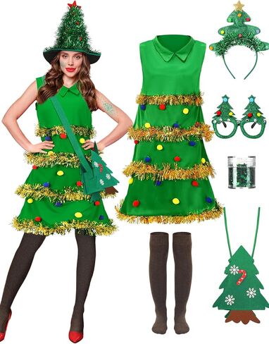 Berlune 7 Pcs Christmas Tree Costume Set for Women Christmas Outfit Dress Hat Headband Bag Glasses Frame Socks Sequins (Stylish,Small) in Saudi Arabia