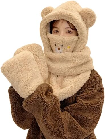 4-in-1 Cute Bear Hat Set for Women Winter Headwear with Scarf Gloves & Face Cover Adorable Plush Accessories for Photos Gifts in Saudi Arabia