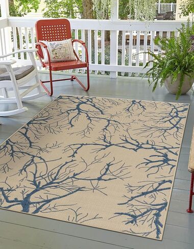 Rugs.com سجادة مجموعة نباتات خارجية - سجادة مسطحة باللونين البيج والأزرق مقاس 6 × 9 بوصة مثالية لغرف النوم وغرف الطعام وغرف المعيشة in Saudi Arabia