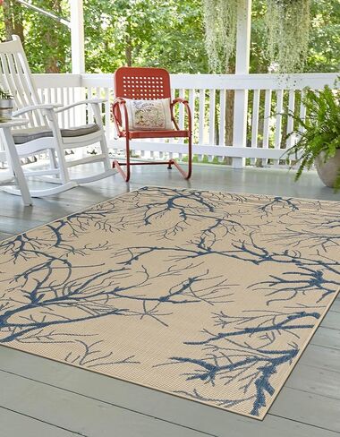 Rugs.com سجادة مجموعة نباتات خارجية - سجادة مسطحة باللونين البيج والأزرق مقاس 6 × 9 بوصة مثالية لغرف النوم وغرف الطعام وغرف المعيشة in Saudi Arabia