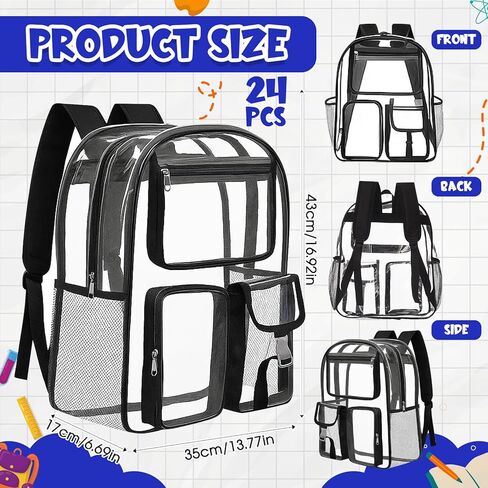 Amylove 24 Pcs Heavy Duty Clear Backpack Wholesale Bulk 17 Inch Transparent PVC Bookbag for Stadium Travel Donation (Black) in Saudi Arabia
